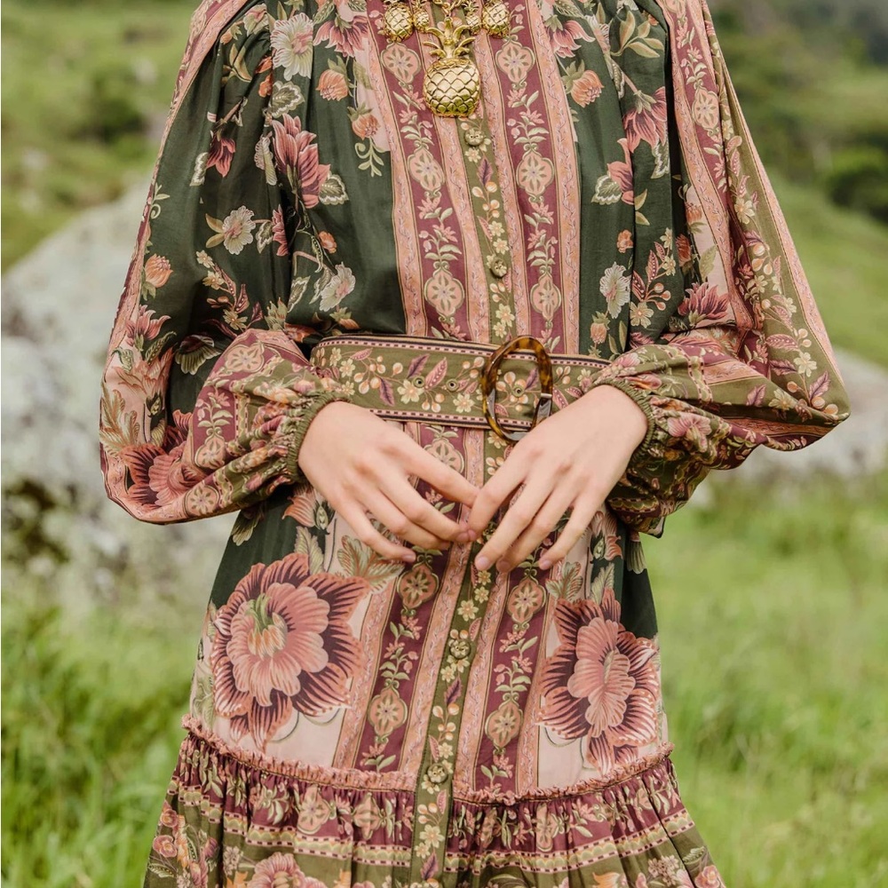 FARM Rio Green and Pink Floral Long Sleeve Dress